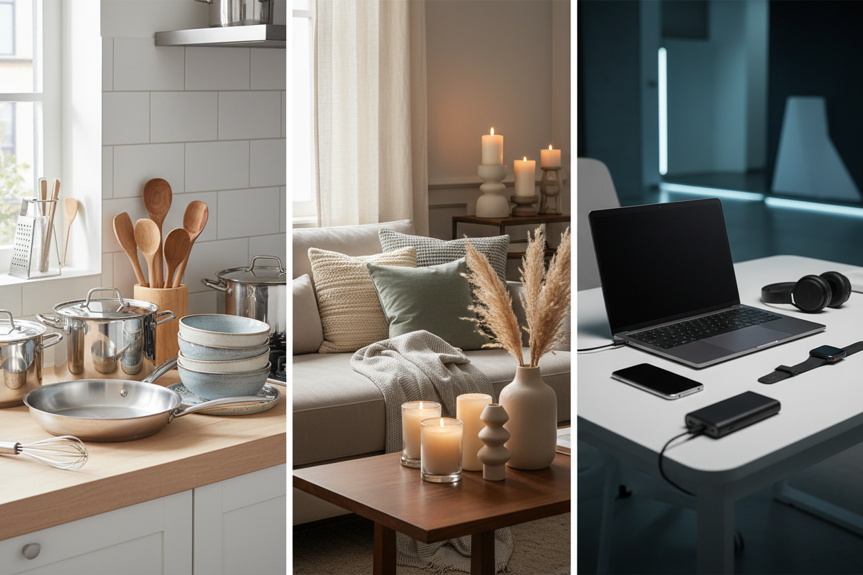 image with 3 different sections each protraying kitchen goods, home goods, and lectronic items respectively. do not write on the image